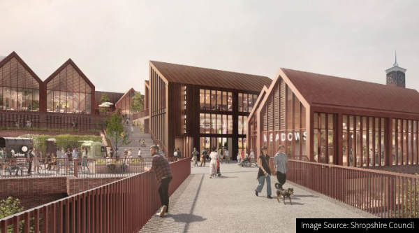 CGI of the Smithfield Riverside redevelopment in Shrewsbury